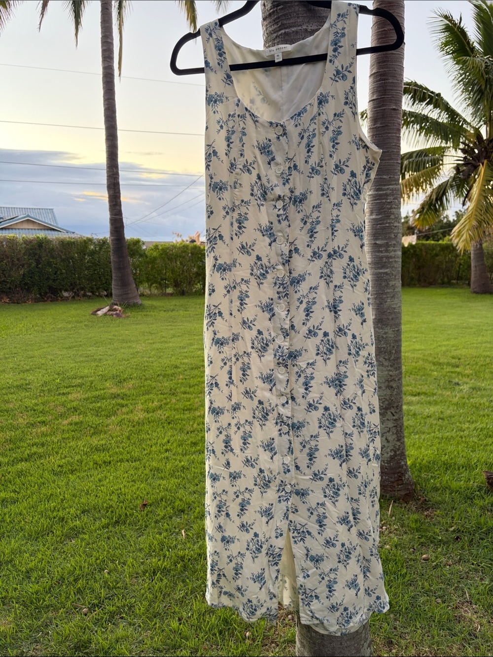 Blu Pepper Button Up Cream Maxi Tank Dress with Blue Floral Print